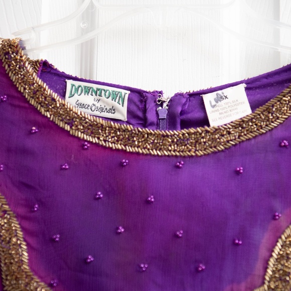 VTG Beaded Purple 100% Silk Plus Size Flapper Dress French Long Sleeve Floor - Picture 6 of 8